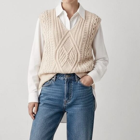 Vintage 100% Aran Wool Fisherman Sweater Vest Cableknit Oldmoney Made In Ireland - Picture 3 of 10